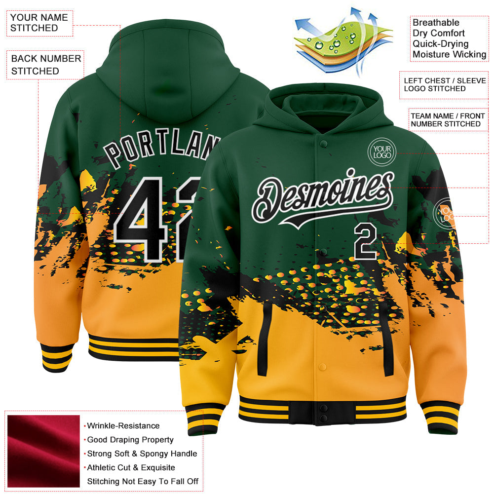 Custom Green Black-Gold Abstract Splash Grunge Art 3D Pattern Design Bomber Full-Snap Varsity Letterman Hoodie Jacket view 3