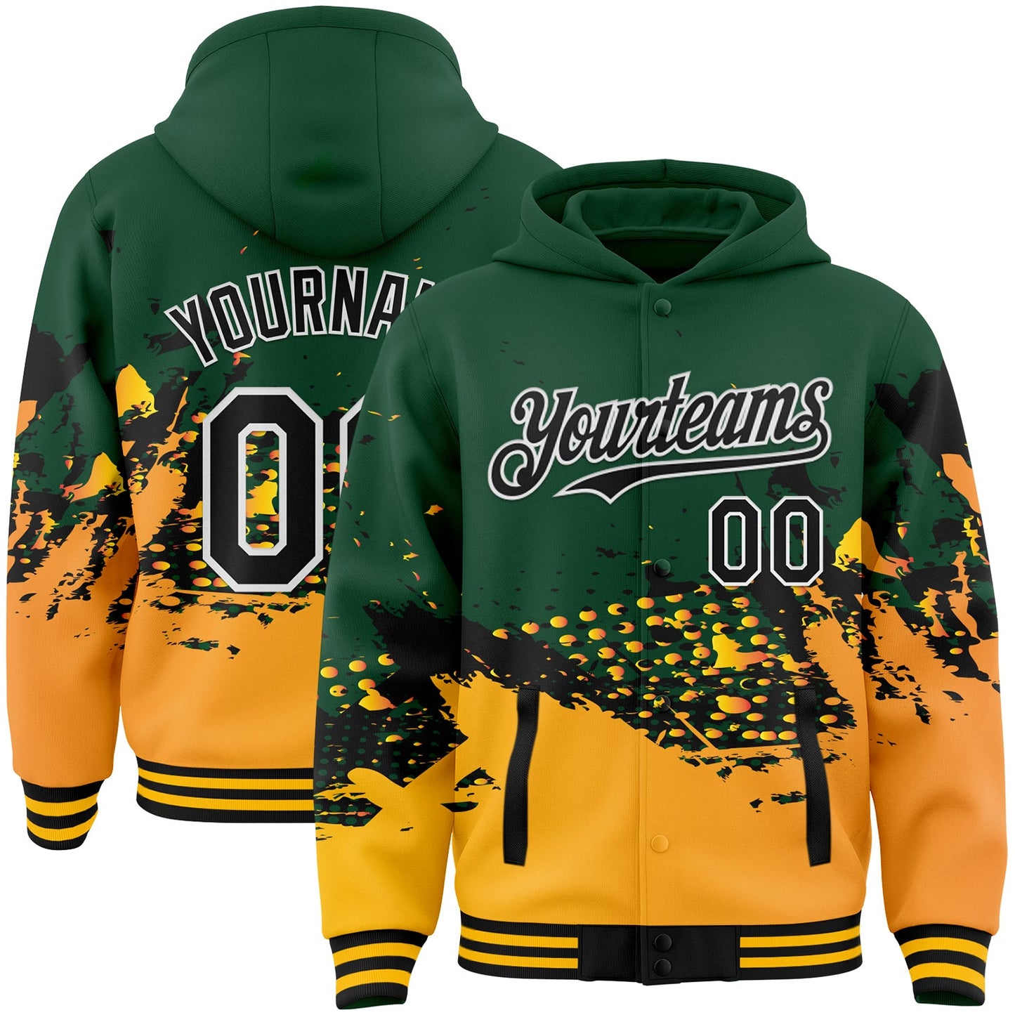 Custom Green Black-Gold Abstract Splash Grunge Art 3D Pattern Design Bomber Full-Snap Varsity Letterman Hoodie Jacket - Main View