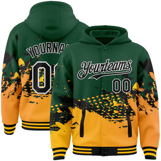 Custom Green Black-Gold Abstract Splash Grunge Art 3D Pattern Design Bomber Full-Snap Varsity Letterman Hoodie Jacket - Main View