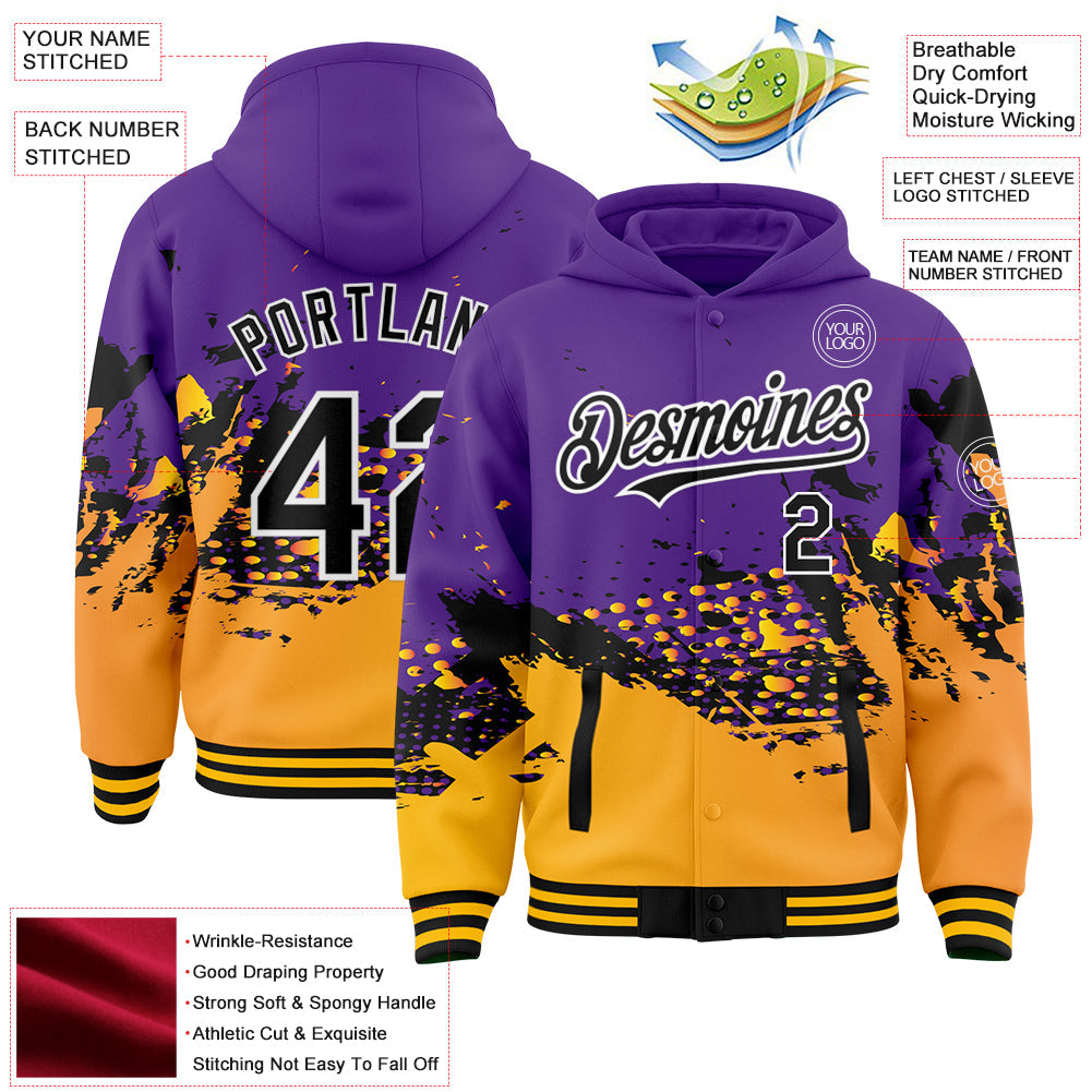 Custom Purple Gold-Black Abstract Splash Grunge Art 3D Pattern Design Bomber Full-Snap Varsity Letterman Hoodie Jacket view 3