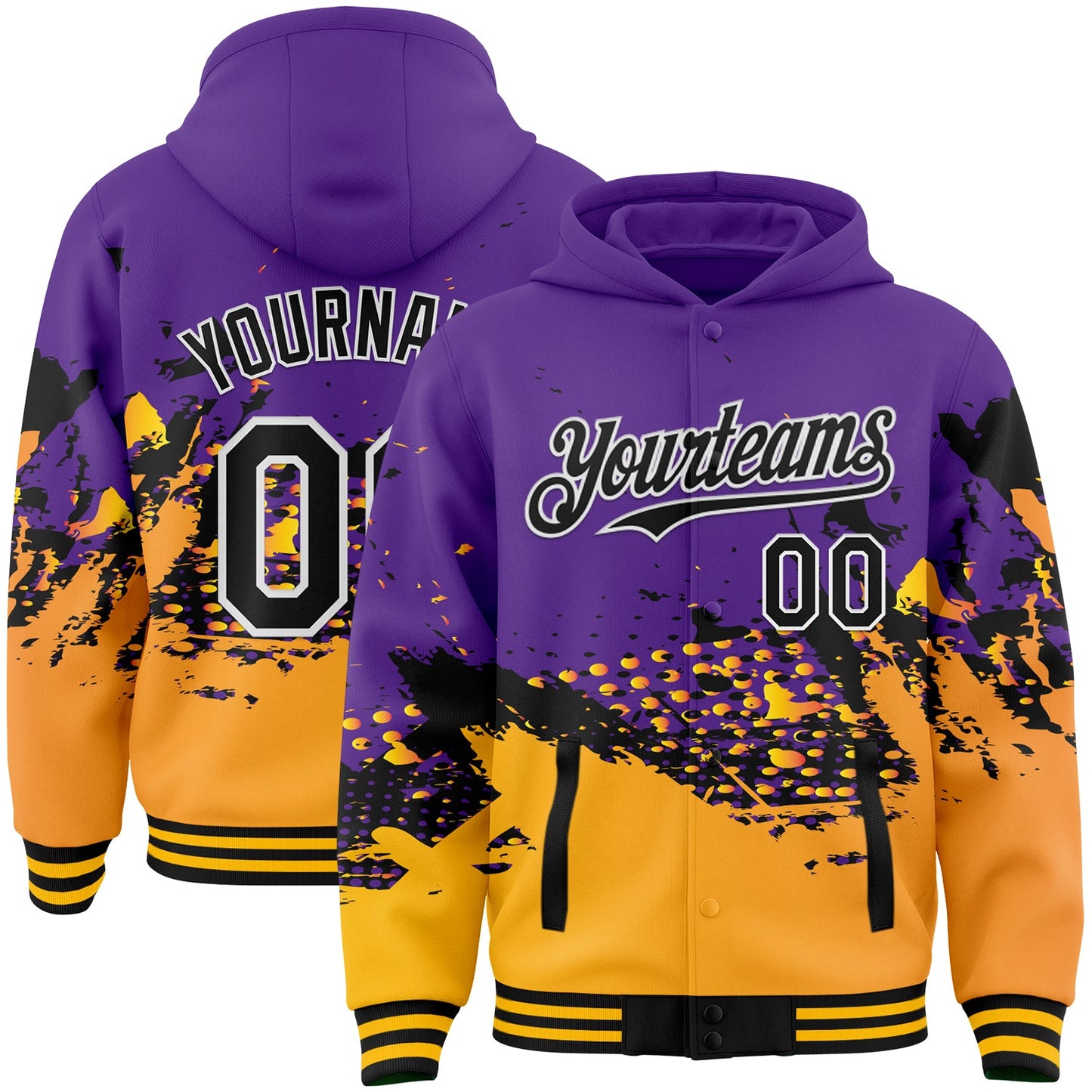 Custom Purple Gold-Black Abstract Splash Grunge Art 3D Pattern Design Bomber Full-Snap Varsity Letterman Hoodie Jacket - Main View