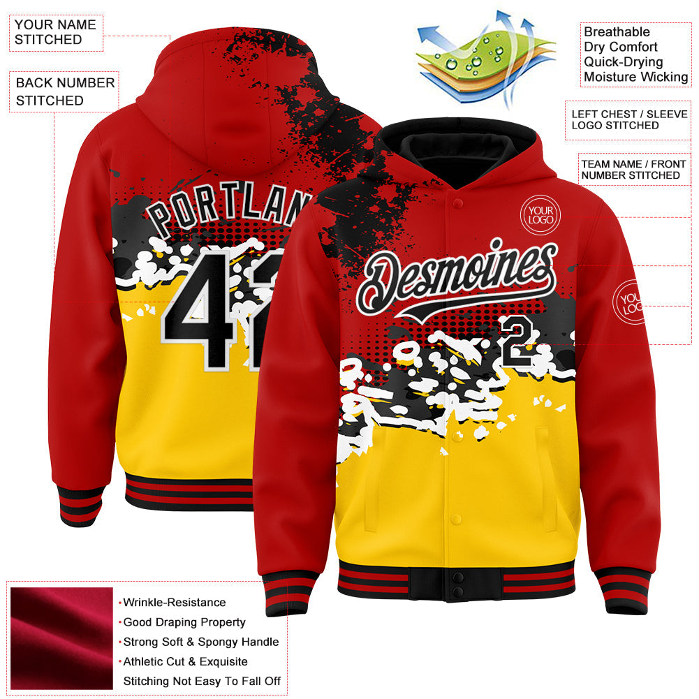 Custom Red Black-Gold Abstract Splash Grunge Art 3D Pattern Design Bomber Full-Snap Varsity Letterman Hoodie Jacket view 3