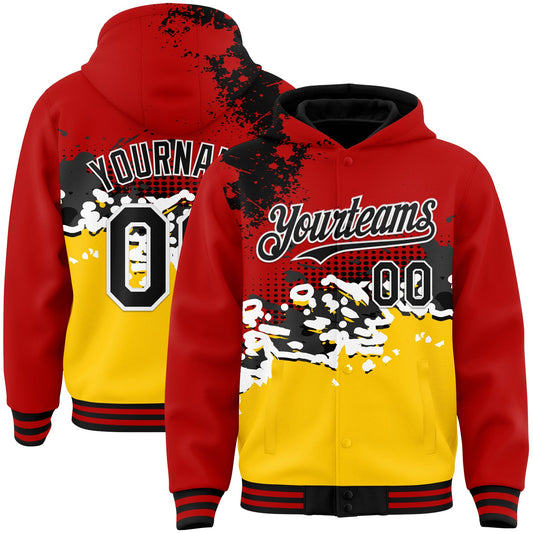 Custom Red Black-Gold Abstract Splash Grunge Art 3D Pattern Design Bomber Full-Snap Varsity Letterman Hoodie Jacket - Main View