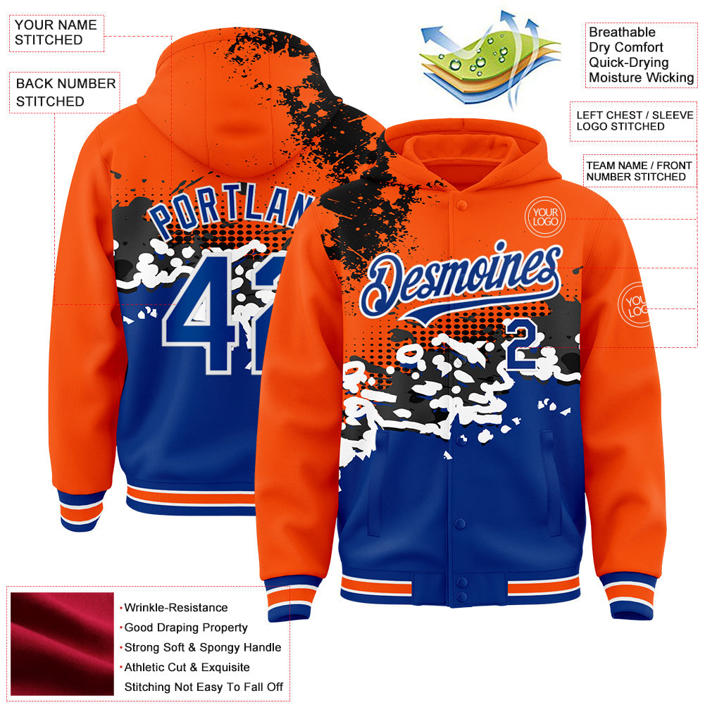 Custom Orange Royal-Black Abstract Splash Grunge Art 3D Pattern Design Bomber Full-Snap Varsity Letterman Hoodie Jacket view 3