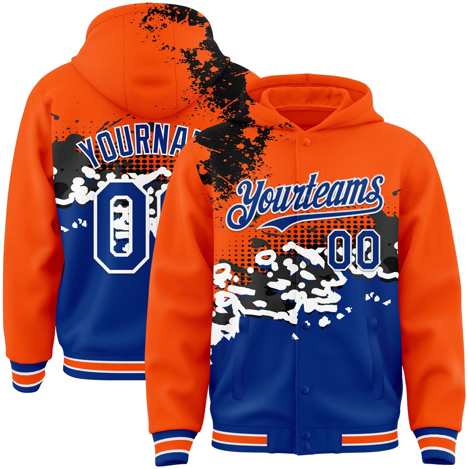 Custom Orange Royal-Black Abstract Splash Grunge Art 3D Pattern Design Bomber Full-Snap Varsity Letterman Hoodie Jacket - Main View