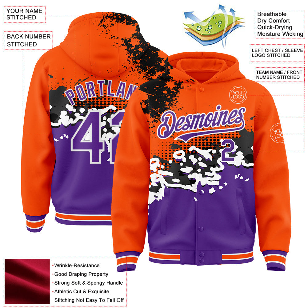 Custom Orange Purple-Black Abstract Splash Grunge Art 3D Pattern Design Bomber Full-Snap Varsity Letterman Hoodie Jacket view 3