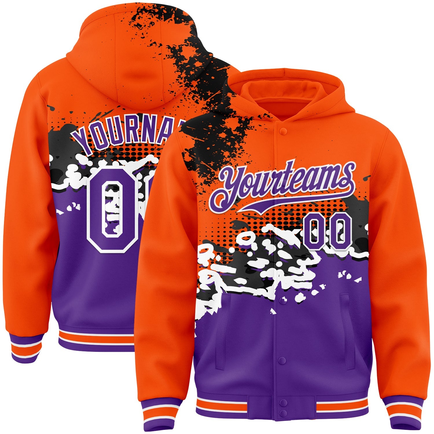 Custom Orange Purple-Black Abstract Splash Grunge Art 3D Pattern Design Bomber Full-Snap Varsity Letterman Hoodie Jacket - Main View