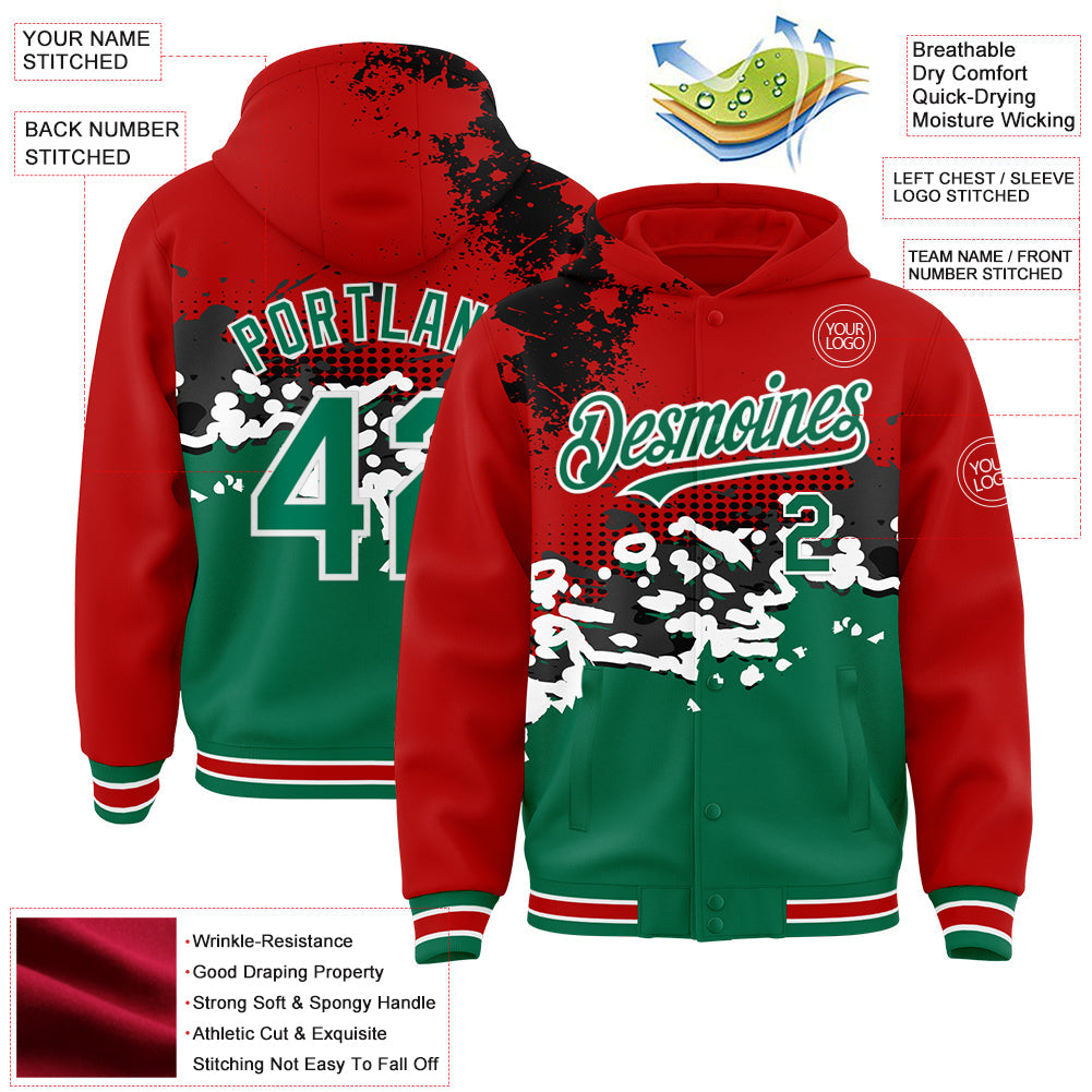 Custom Red Kelly Green-Black Abstract Splash Grunge Art 3D Pattern Design Bomber Full-Snap Varsity Letterman Hoodie Jacket view 3