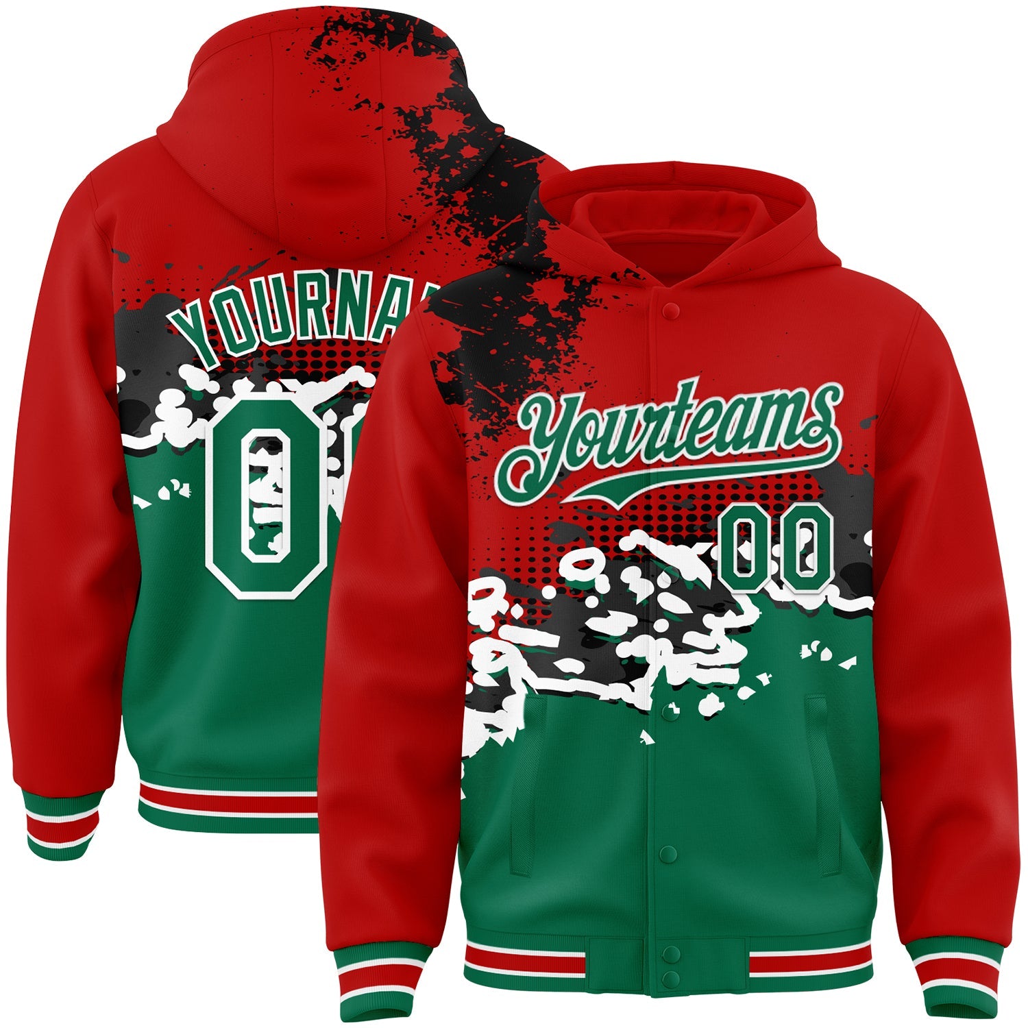 Custom Red Kelly Green-Black Abstract Splash Grunge Art 3D Pattern Design Bomber Full-Snap Varsity Letterman Hoodie Jacket - Main View