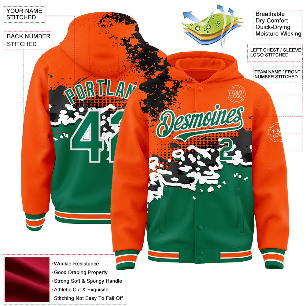 Custom Orange Kelly Green-Black Abstract Splash Grunge Art 3D Pattern Design Bomber Full-Snap Varsity Letterman Hoodie Jacket view 3