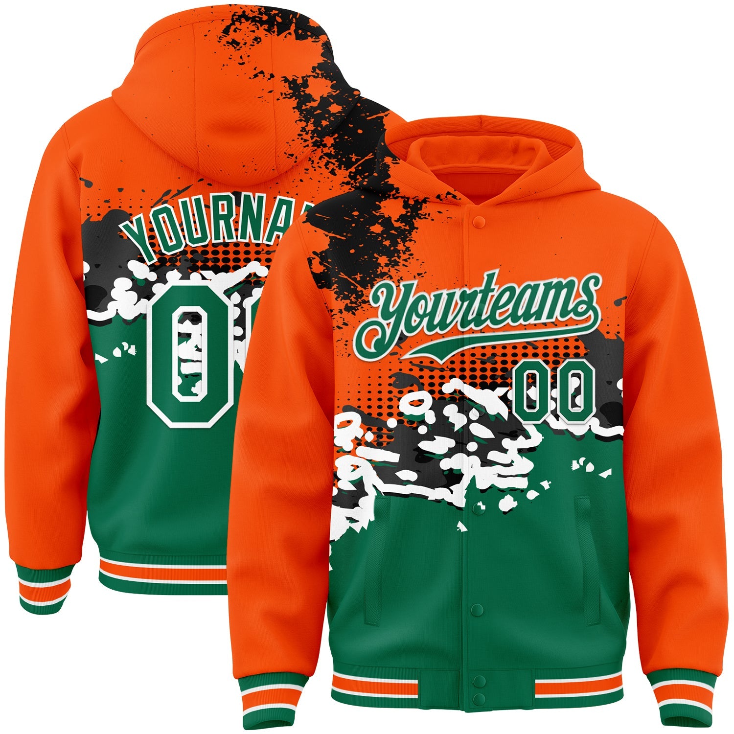 Custom Orange Kelly Green-Black Abstract Splash Grunge Art 3D Pattern Design Bomber Full-Snap Varsity Letterman Hoodie Jacket - Main View