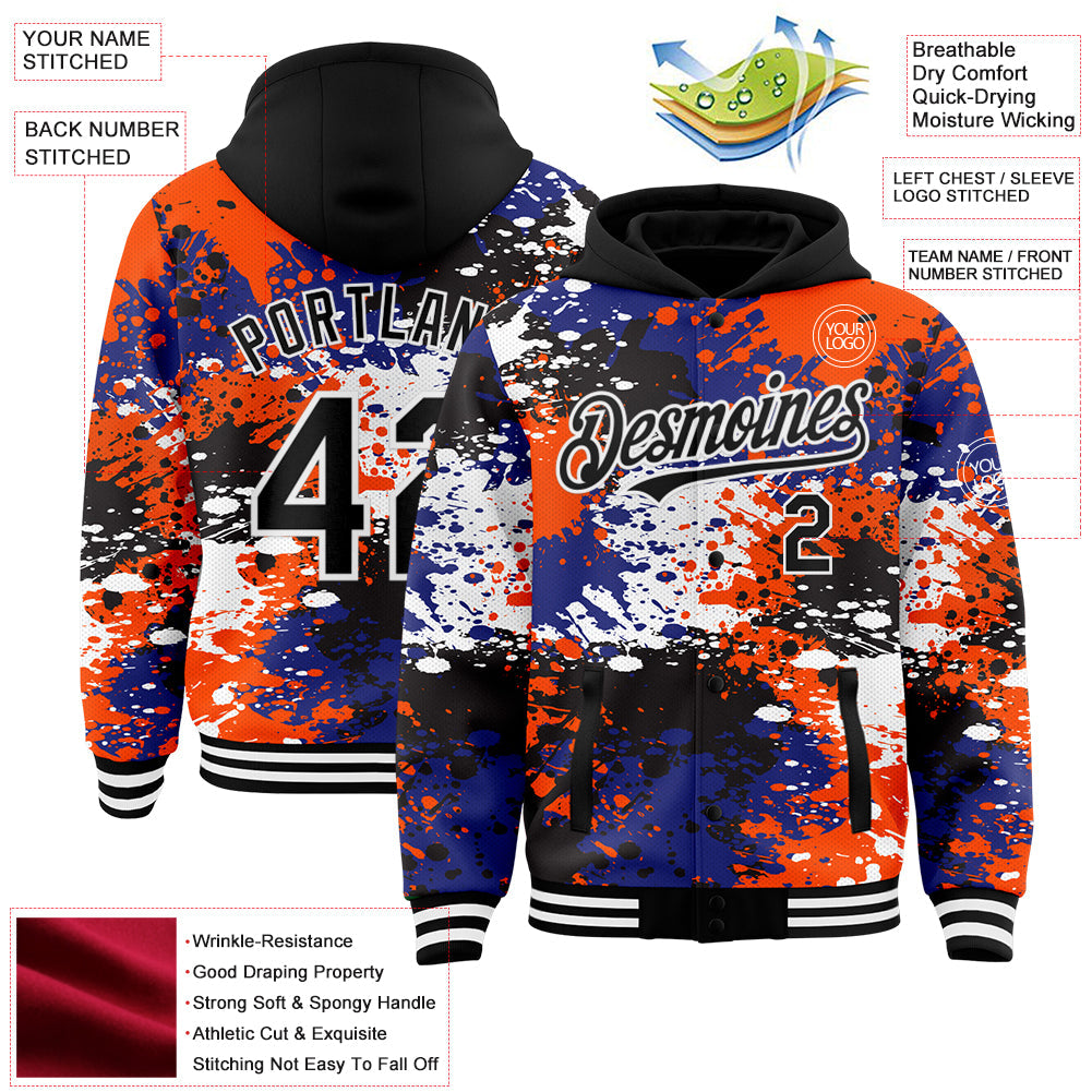 Custom Black Orange-Royal Abstract Splash Grunge Art 3D Pattern Design Bomber Full-Snap Varsity Letterman Hoodie Jacket view 3