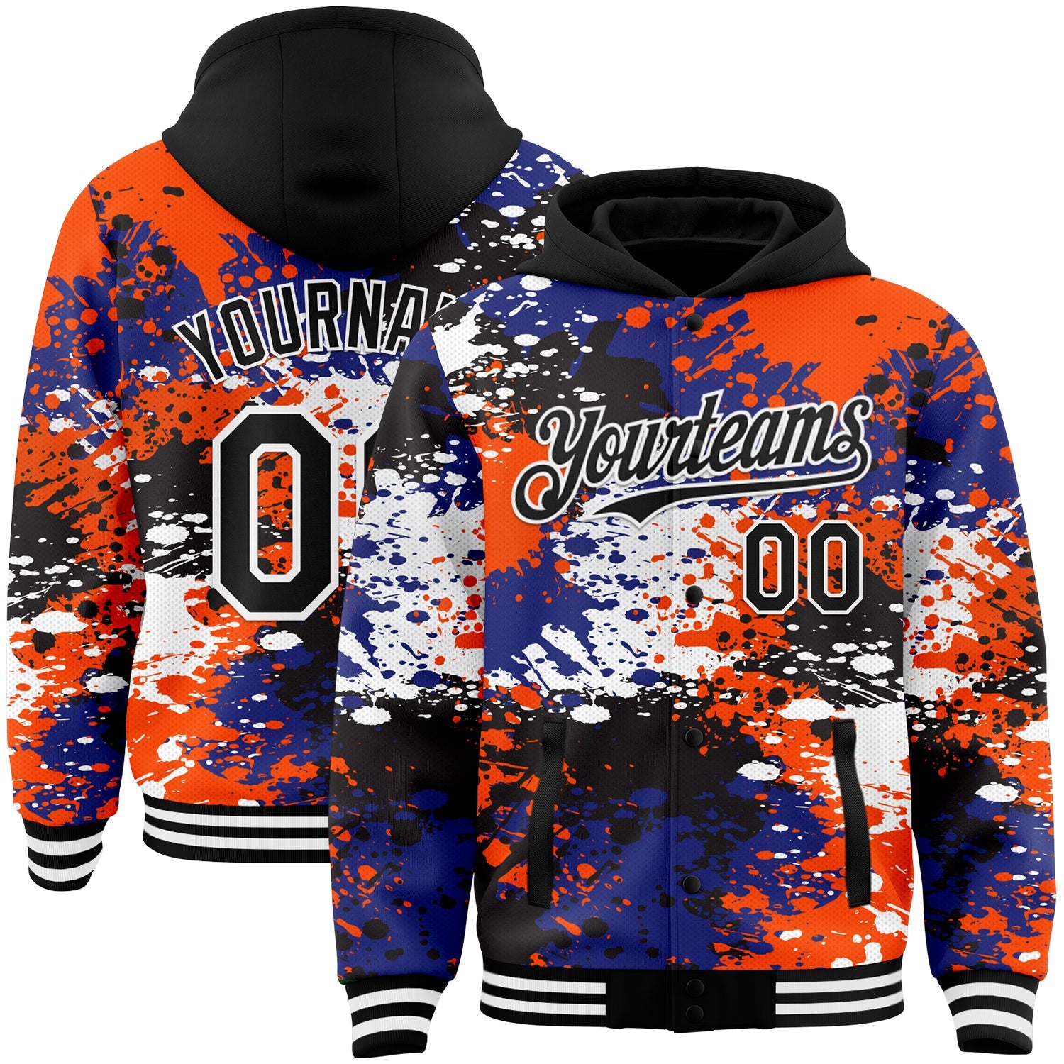 Custom Black Orange-Royal Abstract Splash Grunge Art 3D Pattern Design Bomber Full-Snap Varsity Letterman Hoodie Jacket - Main View