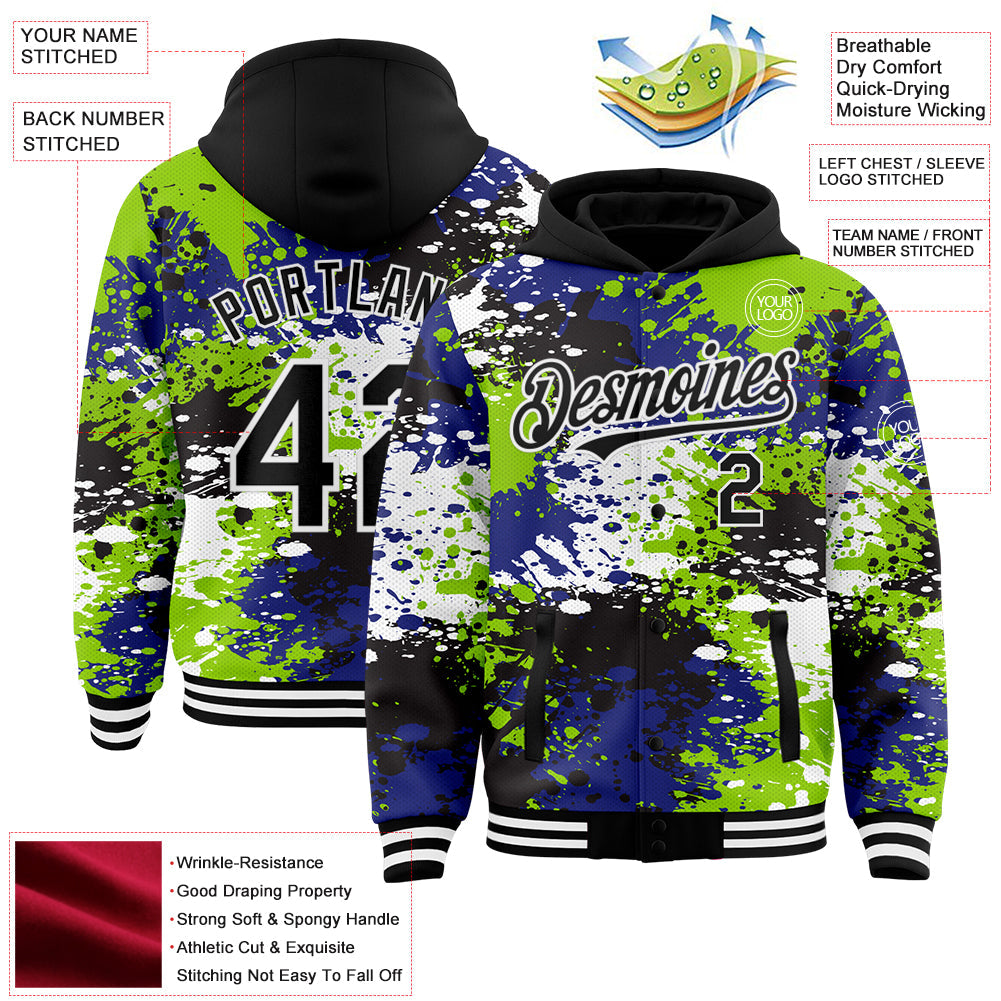 Custom Black Neon Green-Royal Abstract Splash Grunge Art 3D Pattern Design Bomber Full-Snap Varsity Letterman Hoodie Jacket view 3