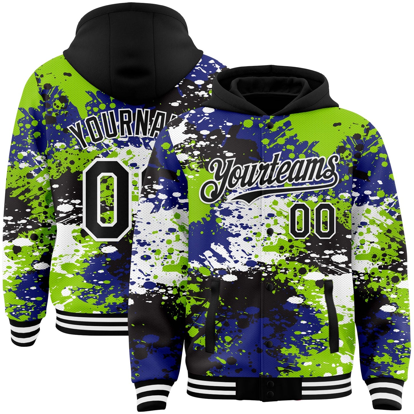 Custom Black Neon Green-Royal Abstract Splash Grunge Art 3D Pattern Design Bomber Full-Snap Varsity Letterman Hoodie Jacket - Main View