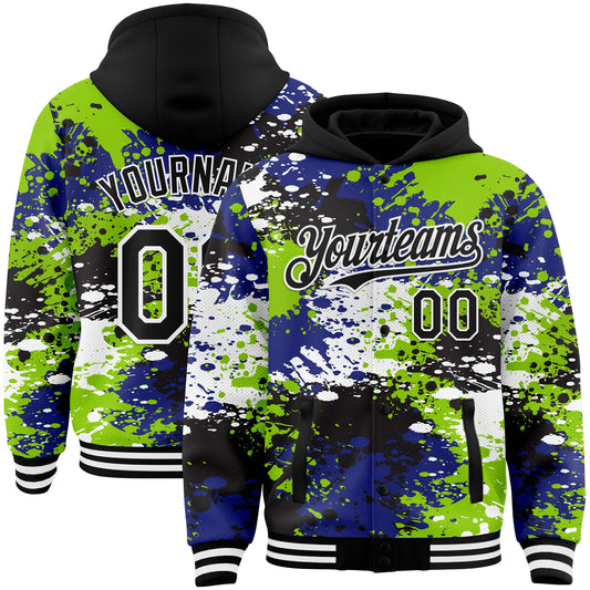 Custom Black Neon Green-Royal Abstract Splash Grunge Art 3D Pattern Design Bomber Full-Snap Varsity Letterman Hoodie Jacket - Main View