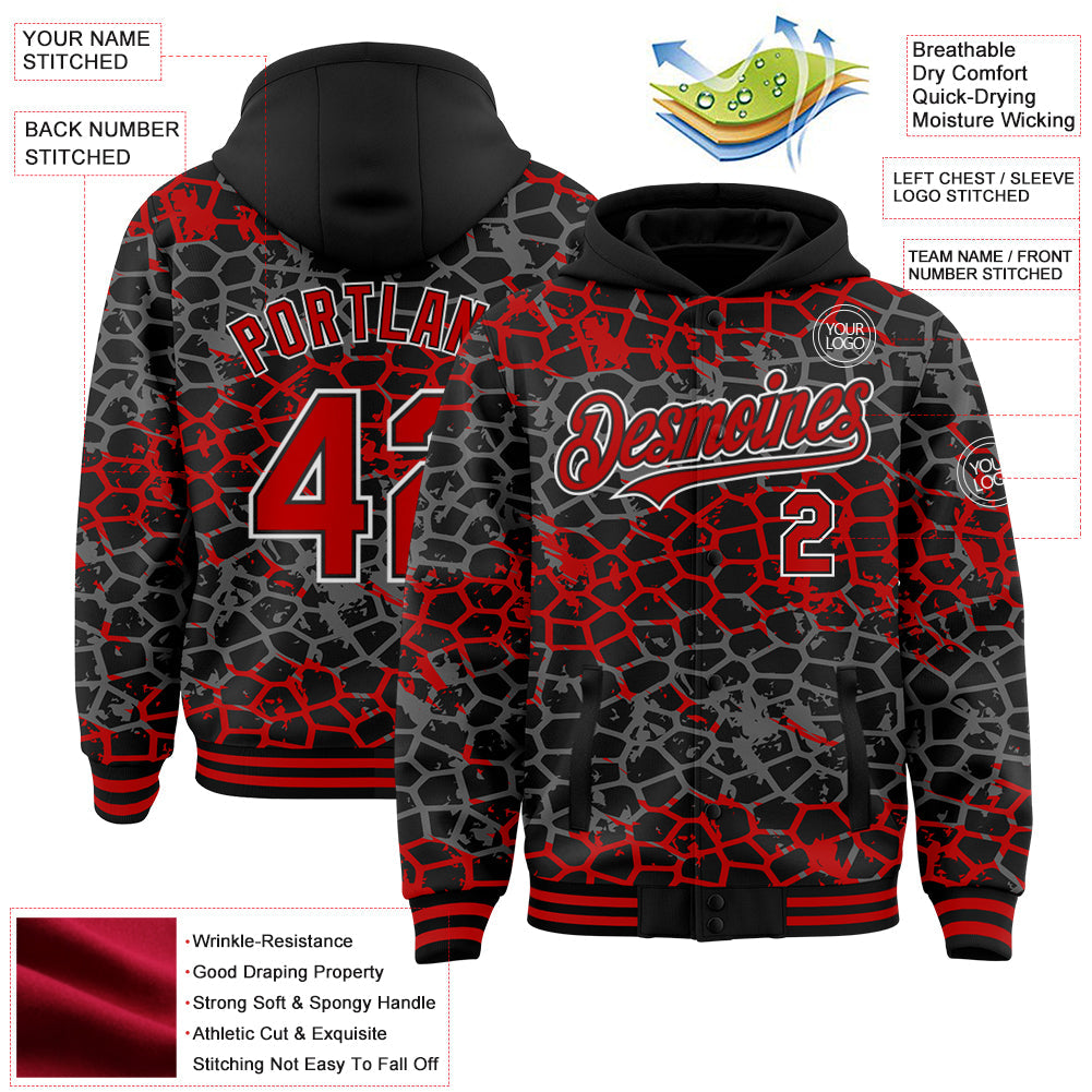 Custom Black Red-White Abstract Network 3D Pattern Design Bomber Full-Snap Varsity Letterman Hoodie Jacket view 3