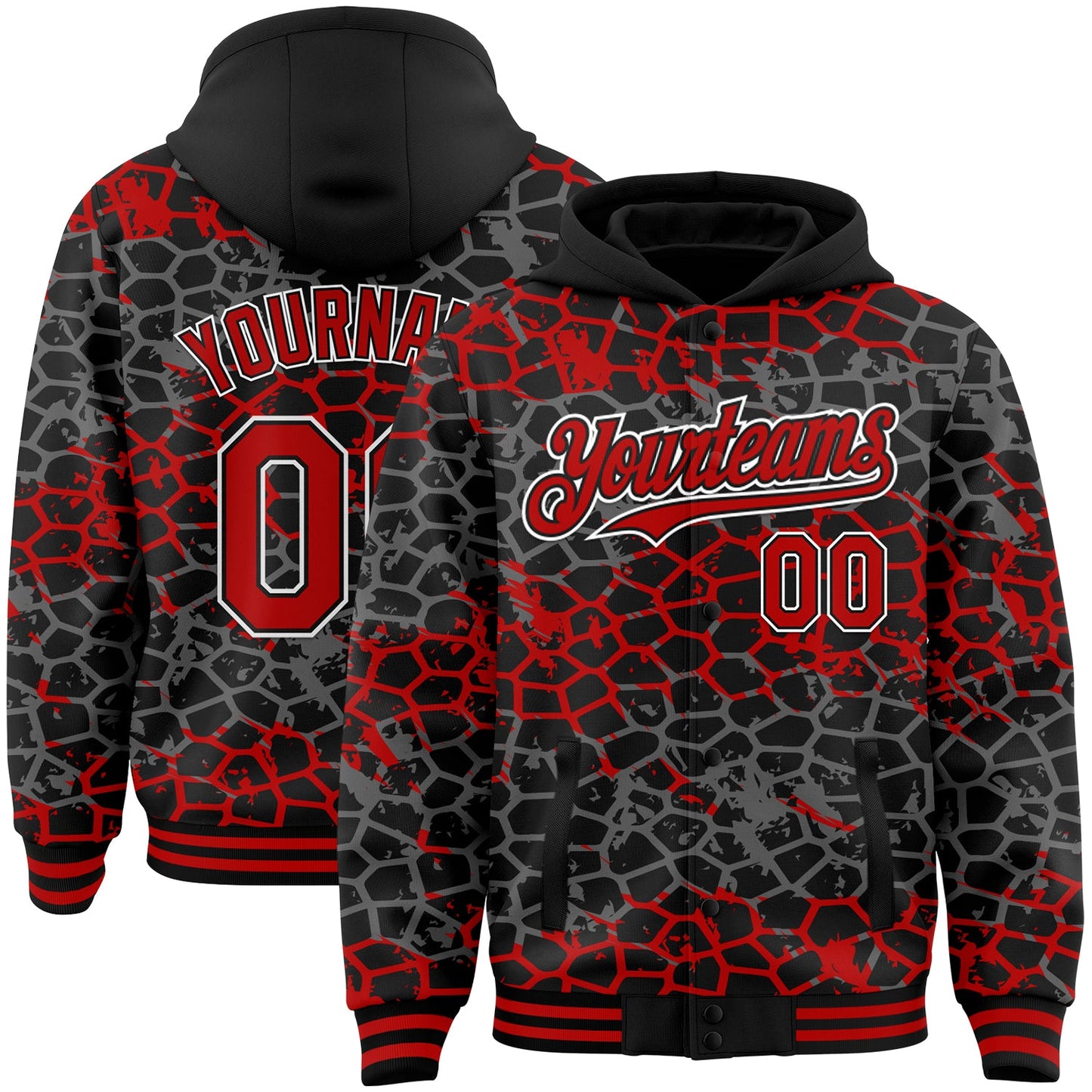 Custom Black Red-White Abstract Network 3D Pattern Design Bomber Full-Snap Varsity Letterman Hoodie Jacket - Main View