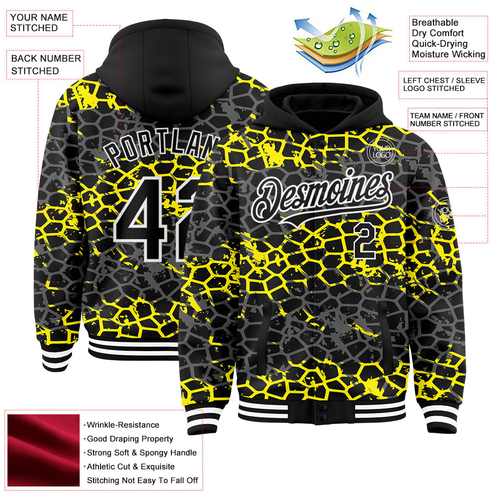 Custom Black Light Yellow-White Abstract Network 3D Pattern Design Bomber Full-Snap Varsity Letterman Hoodie Jacket view 3