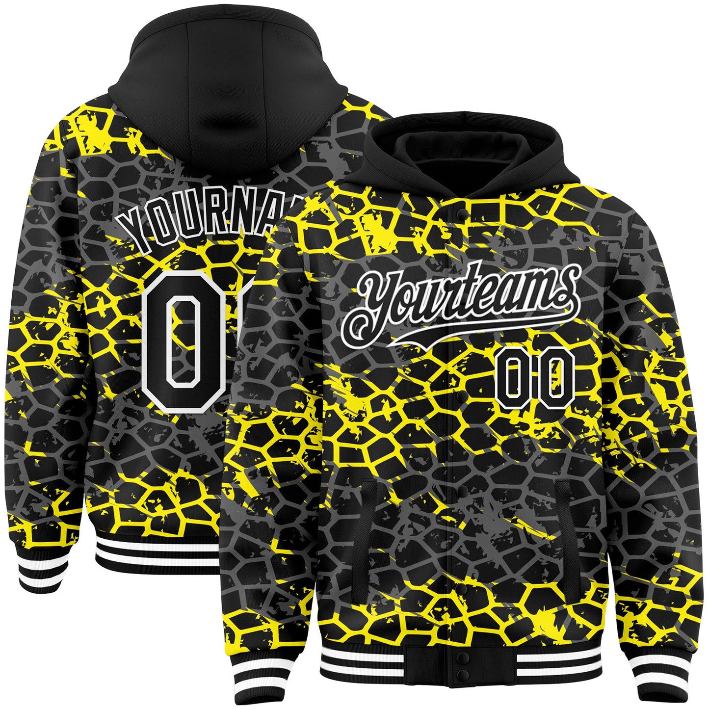 Custom Black Light Yellow-White Abstract Network 3D Pattern Design Bomber Full-Snap Varsity Letterman Hoodie Jacket - Main View