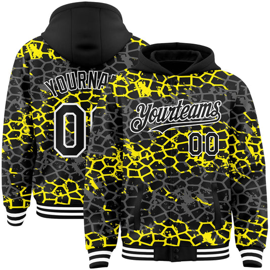 Custom Black Light Yellow-White Abstract Network 3D Pattern Design Bomber Full-Snap Varsity Letterman Hoodie Jacket - Main View