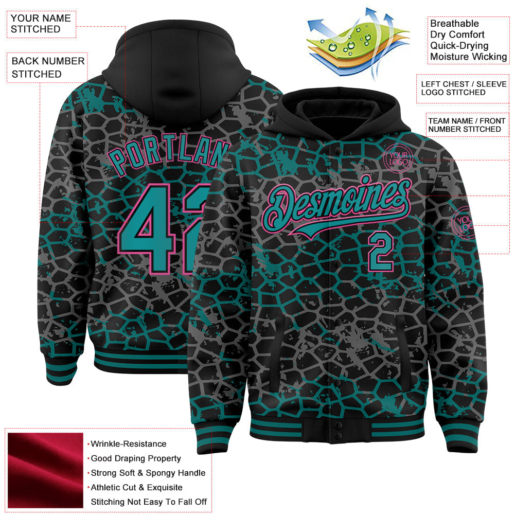 Custom Black Teal-Pink Abstract Network 3D Pattern Design Bomber Full-Snap Varsity Letterman Hoodie Jacket view 3