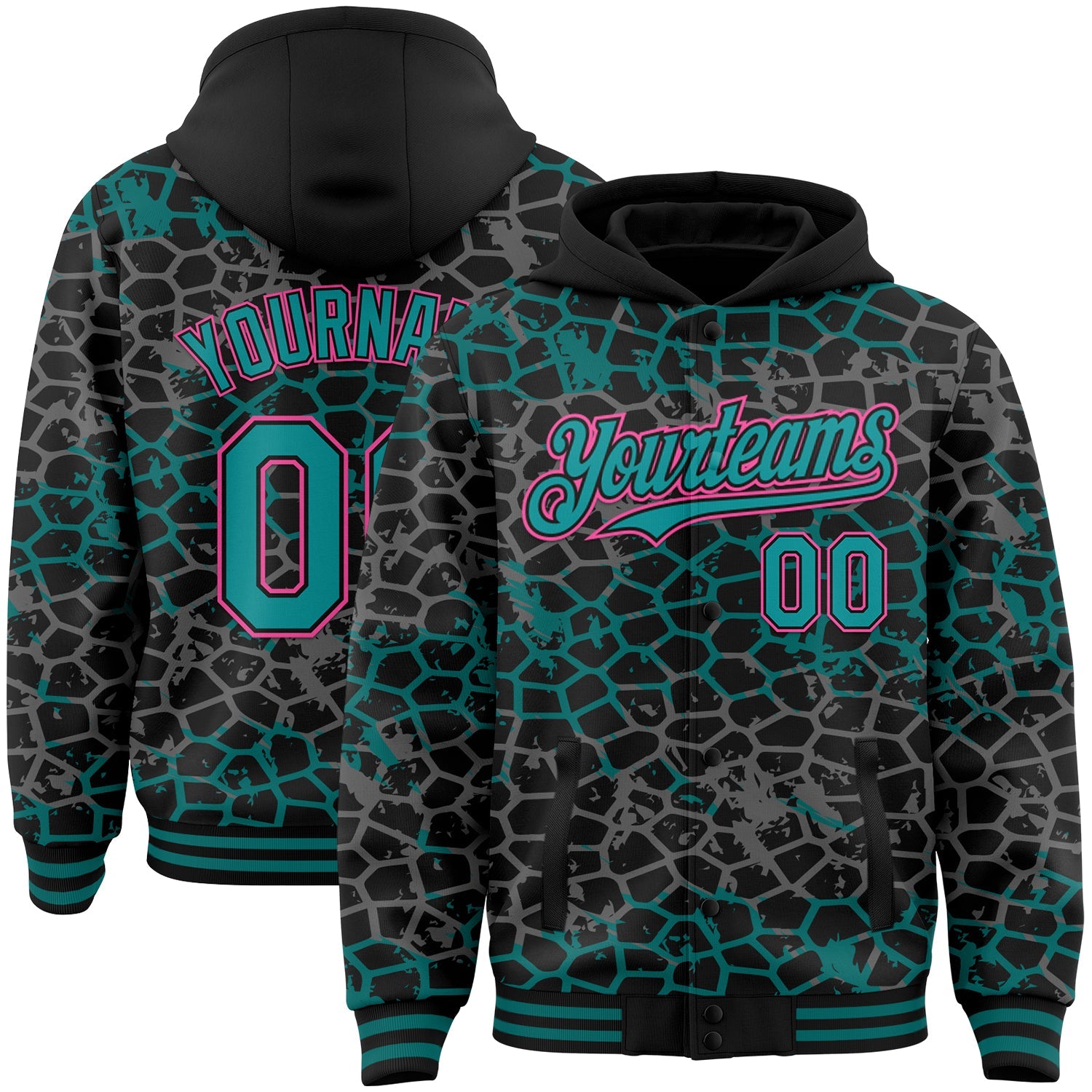 Custom Black Teal-Pink Abstract Network 3D Pattern Design Bomber Full-Snap Varsity Letterman Hoodie Jacket - Main View