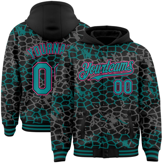 Custom Black Teal-Pink Abstract Network 3D Pattern Design Bomber Full-Snap Varsity Letterman Hoodie Jacket - Main View