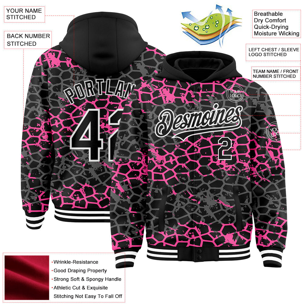 Custom Black Pink-White Abstract Network 3D Pattern Design Bomber Full-Snap Varsity Letterman Hoodie Jacket view 3