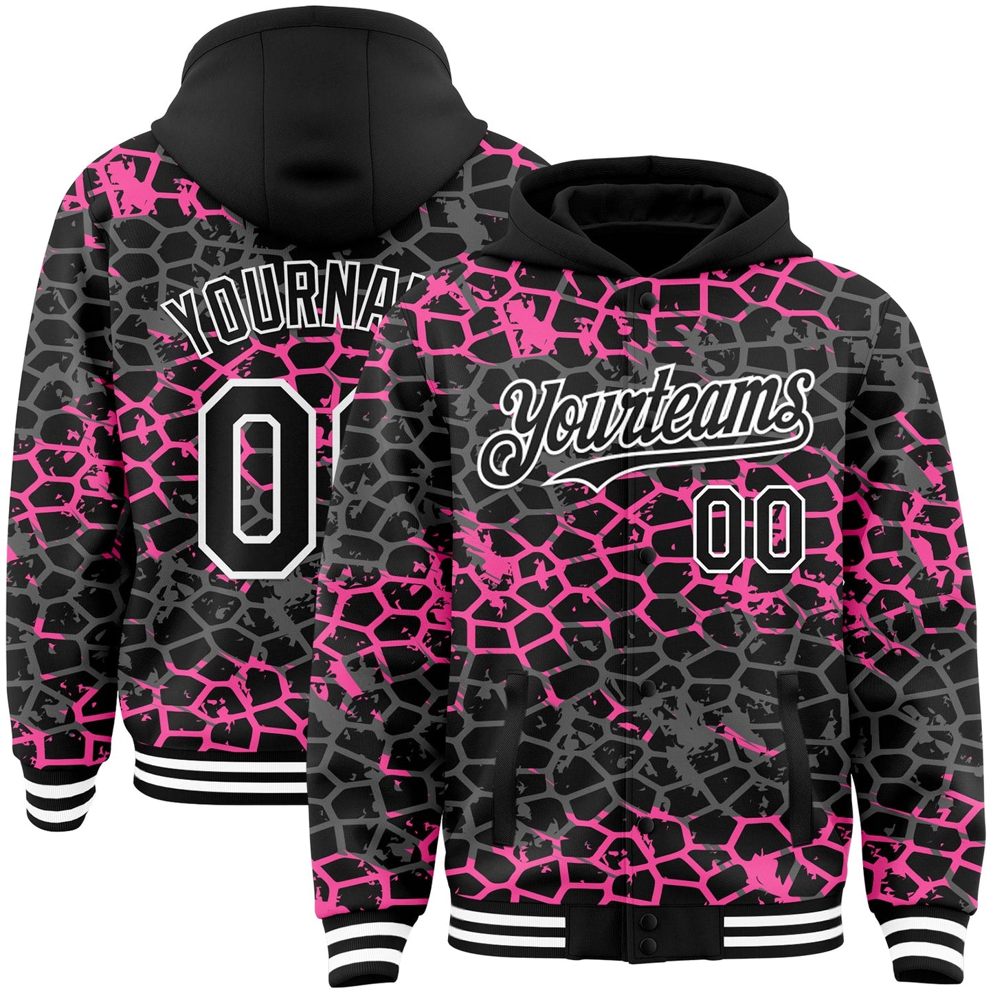 Custom Black Pink-White Abstract Network 3D Pattern Design Bomber Full-Snap Varsity Letterman Hoodie Jacket - Main View