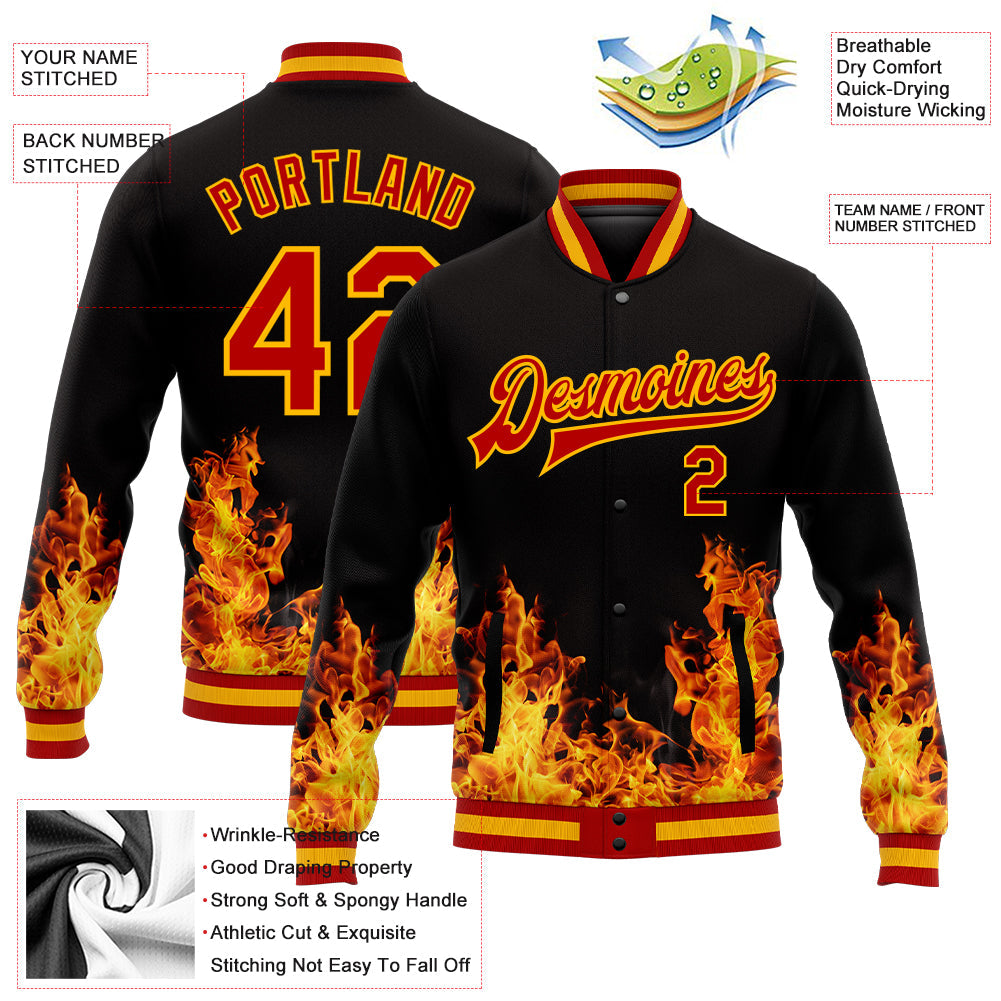 Custom Black Red-Gold Flame 3D Pattern Design Bomber Full-Snap Varsity Letterman Jacket view 5