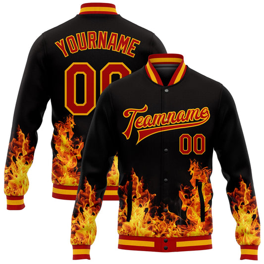 Custom Black Red-Gold Flame 3D Pattern Design Bomber Full-Snap Varsity Letterman Jacket - Main View