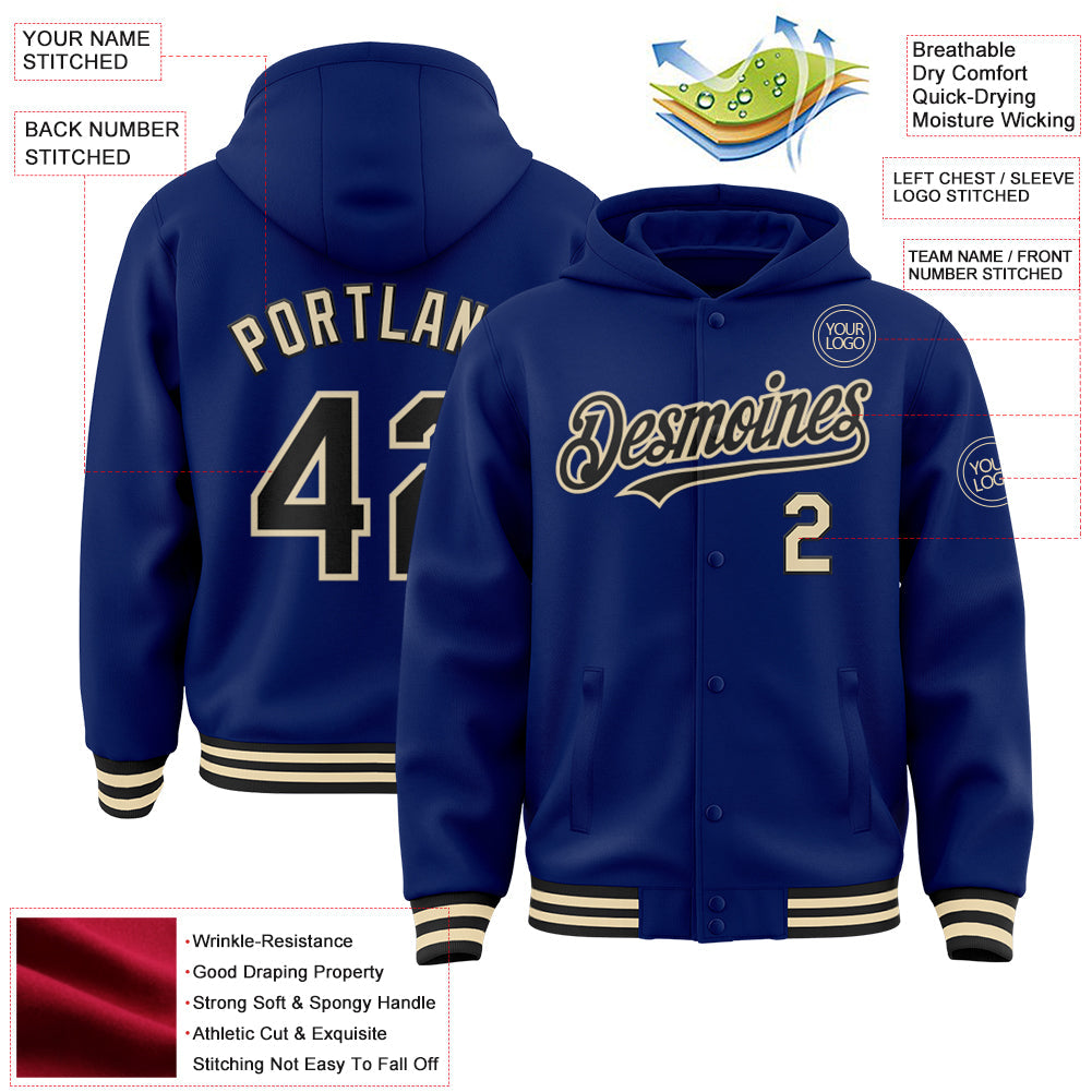 Custom Royal Black-Cream Bomber Full-Snap Varsity Letterman Hoodie Jacket view 3