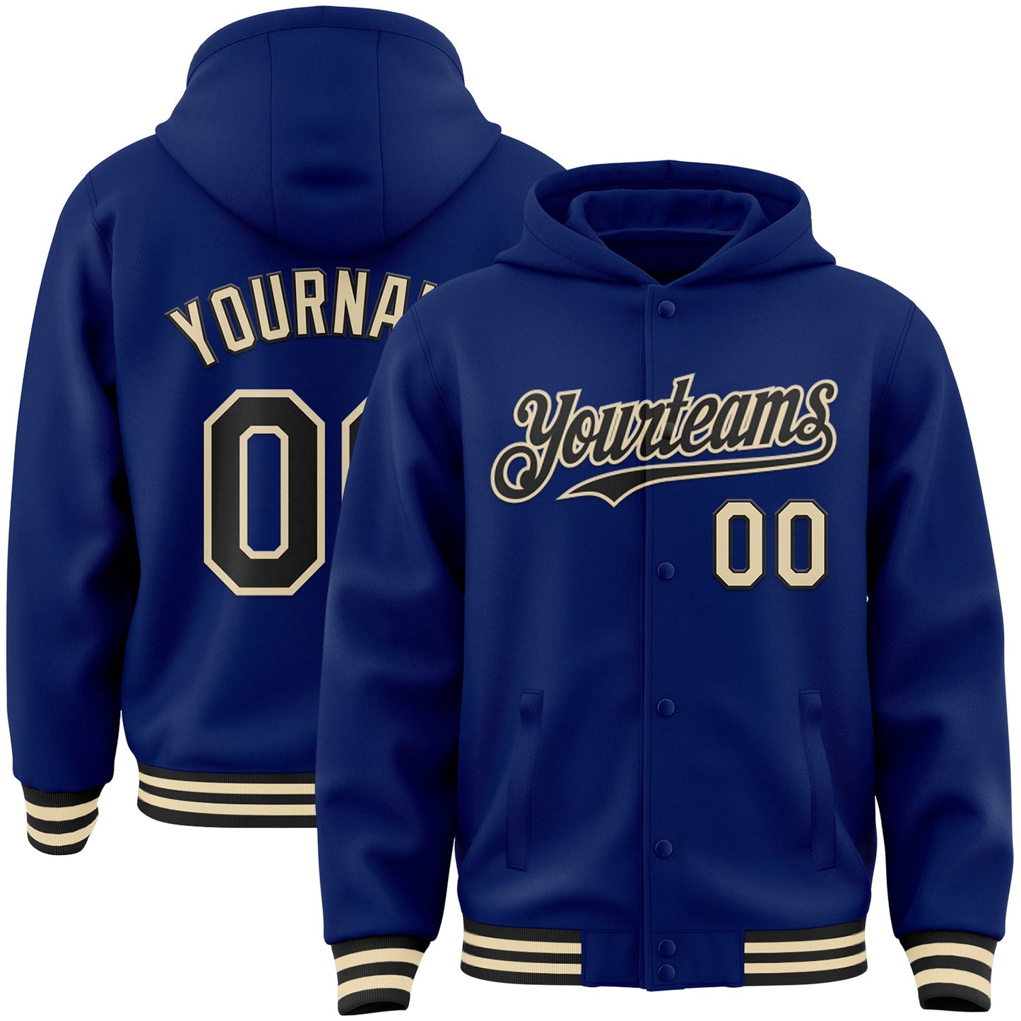 Custom Royal Black-Cream Bomber Full-Snap Varsity Letterman Hoodie Jacket - Main View