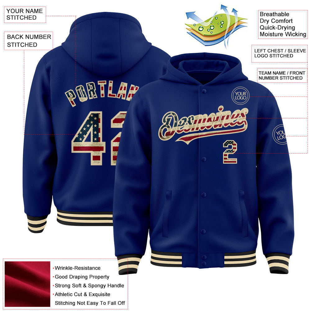 Custom Royal Vintage USA Flag Cream-Black Bomber Full-Snap Varsity Letterman Hoodie Jacket view 3