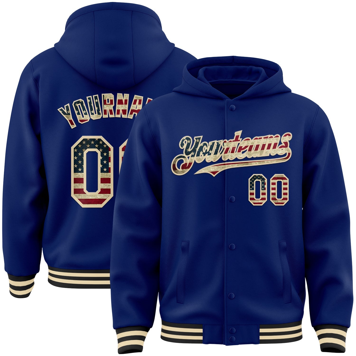 Custom Royal Vintage USA Flag Cream-Black Bomber Full-Snap Varsity Letterman Hoodie Jacket - Main View