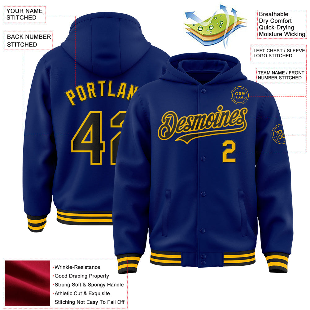 Custom Royal Black-Gold Bomber Full-Snap Varsity Letterman Hoodie Jacket view 3