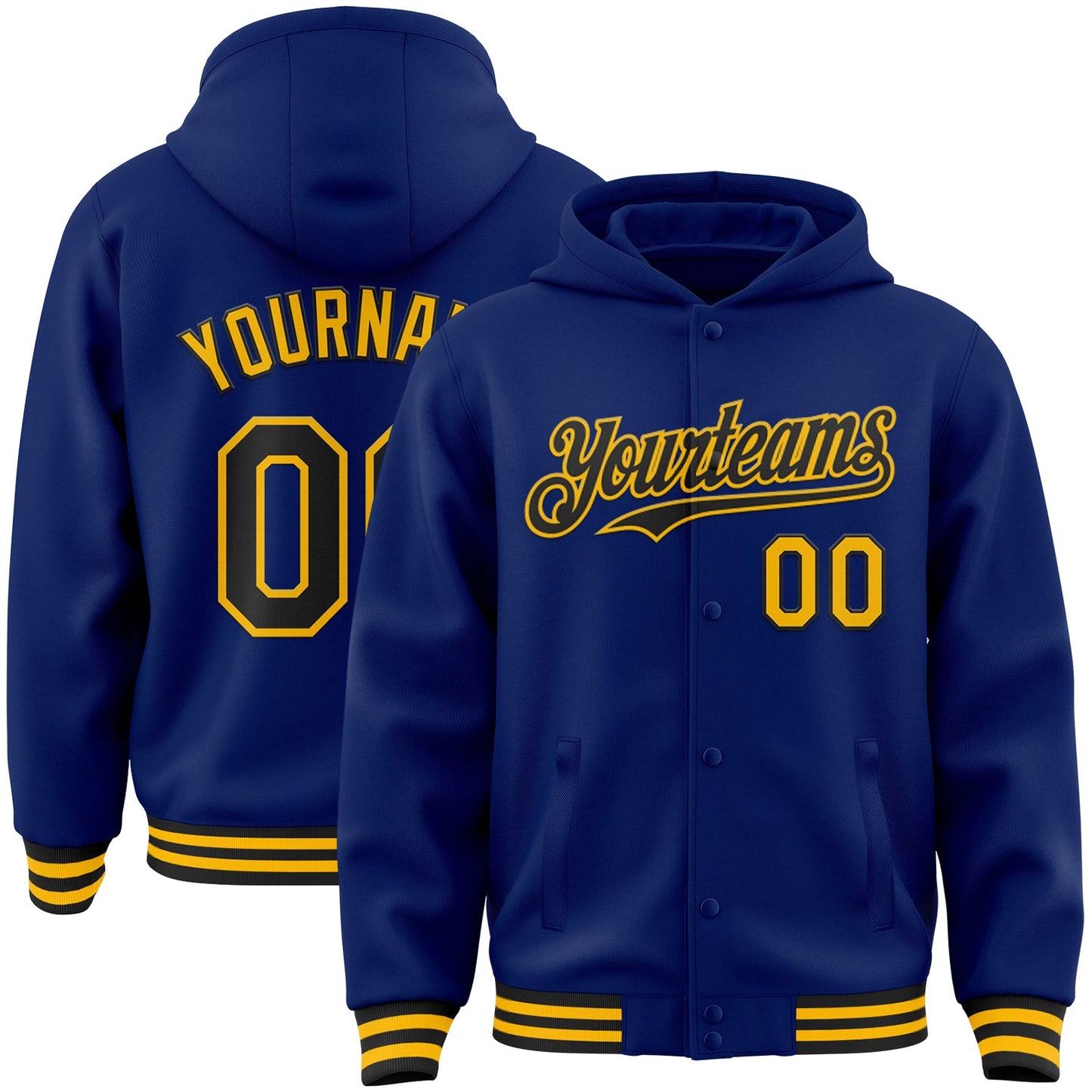 Custom Royal Black-Gold Bomber Full-Snap Varsity Letterman Hoodie Jacket - Main View