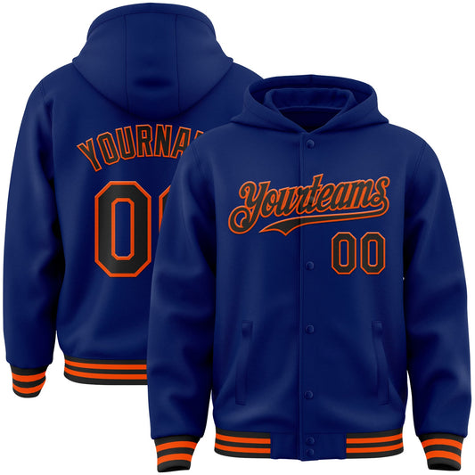 Custom Royal Black-Orange Bomber Full-Snap Varsity Letterman Hoodie Jacket - Main View
