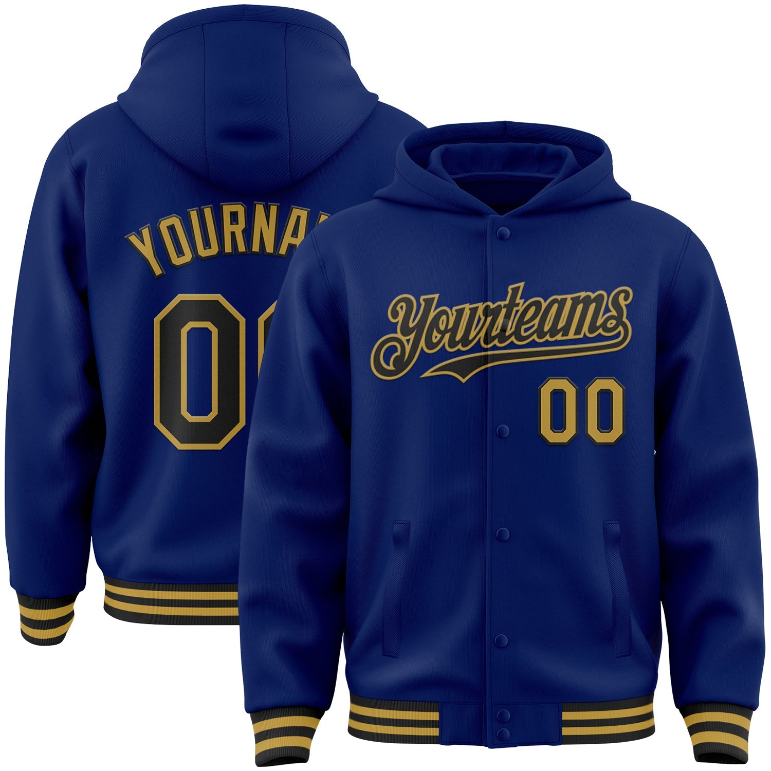Custom Royal Black-Old Gold Bomber Full-Snap Varsity Letterman Hoodie Jacket - Main View