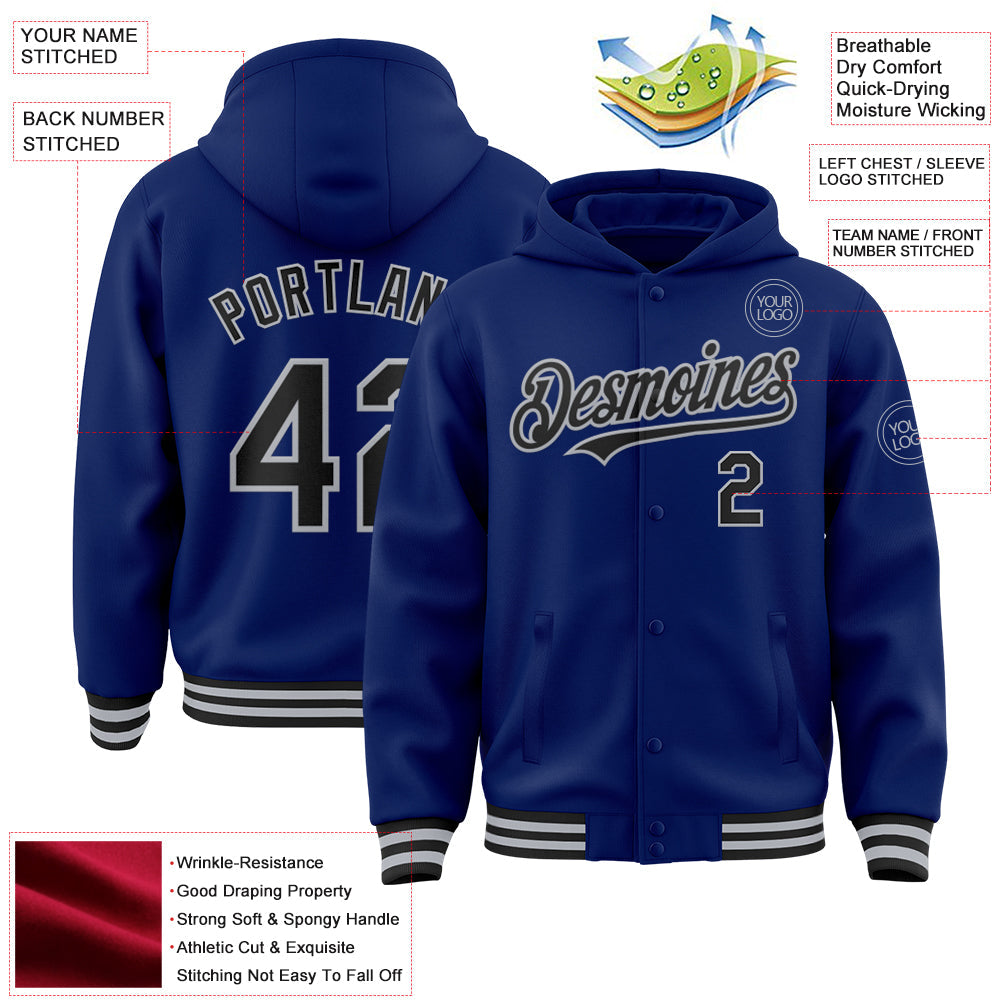 Custom Royal Black-Gray Bomber Full-Snap Varsity Letterman Hoodie Jacket view 3