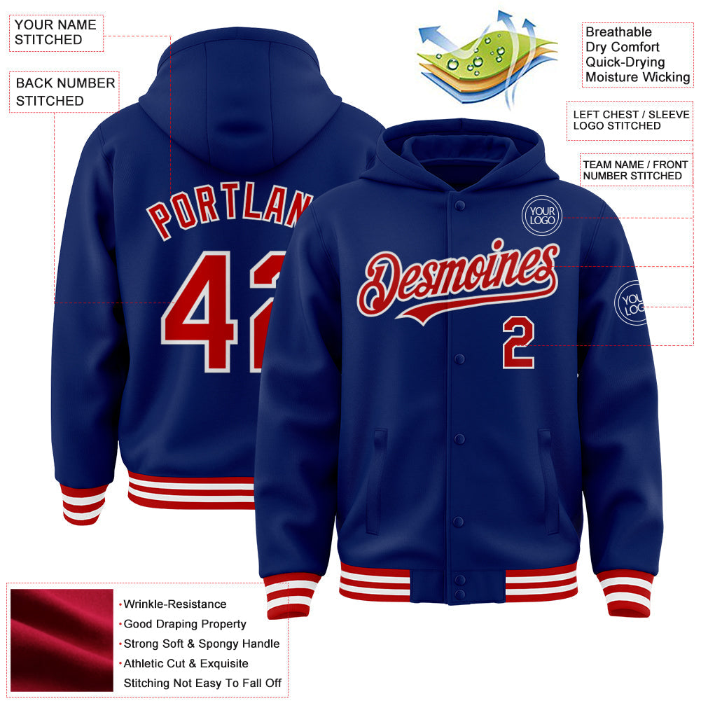 Custom Royal Red-White Bomber Full-Snap Varsity Letterman Hoodie Jacket view 3