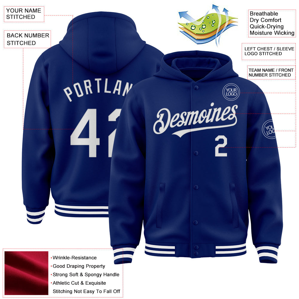 Custom Royal White Bomber Full-Snap Varsity Letterman Hoodie Jacket view 3