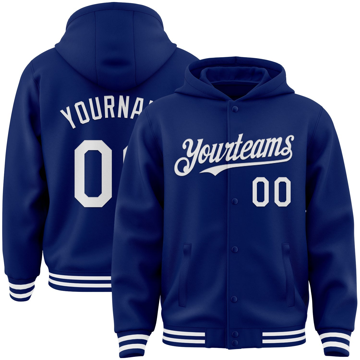 Custom Royal White Bomber Full-Snap Varsity Letterman Hoodie Jacket - Main View