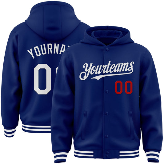 Custom Royal White-Red Bomber Full-Snap Varsity Letterman Hoodie Jacket - Main View