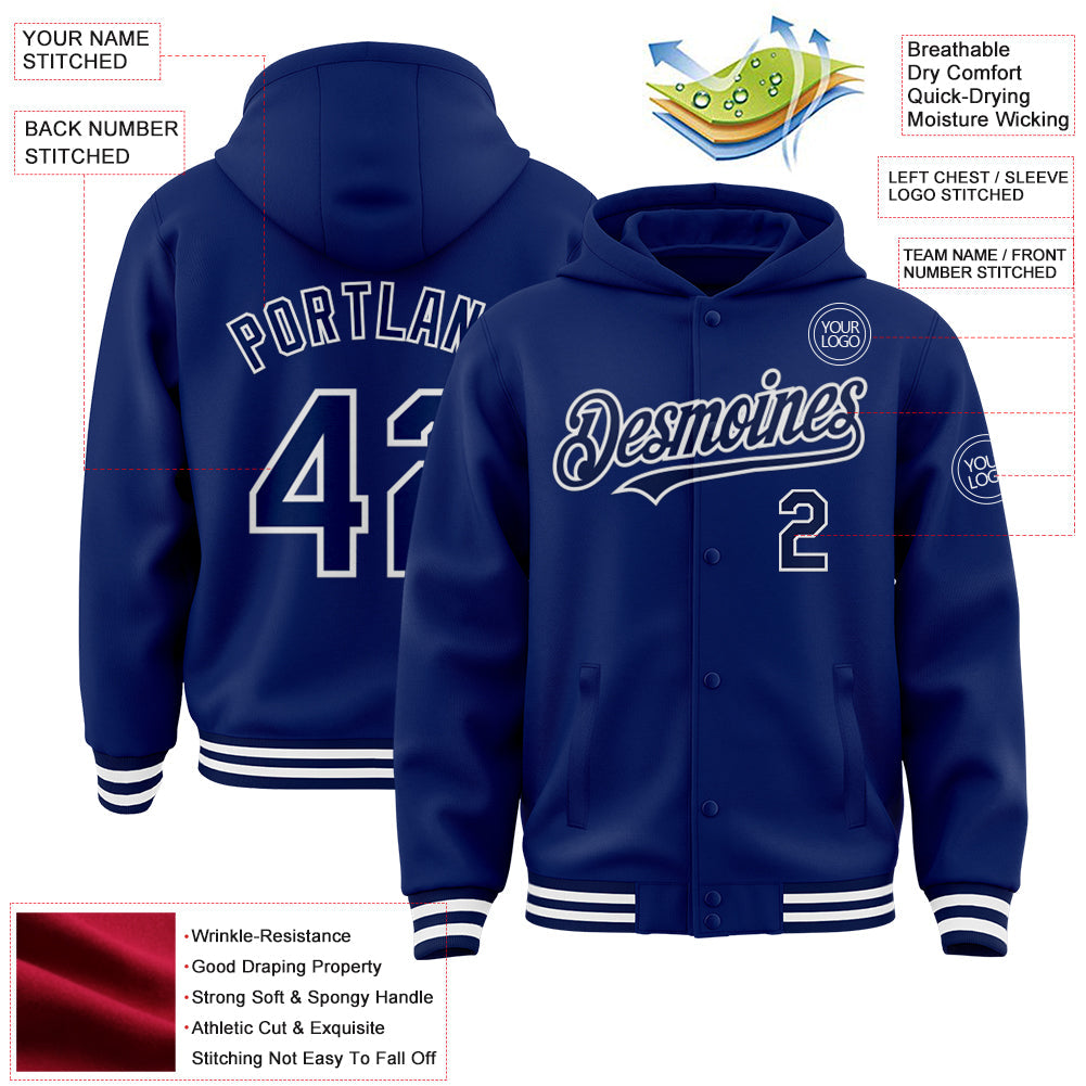 Custom Royal Navy-White Bomber Full-Snap Varsity Letterman Hoodie Jacket view 3