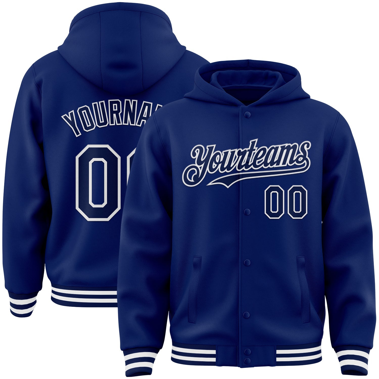 Custom Royal Navy-White Bomber Full-Snap Varsity Letterman Hoodie Jacket - Main View