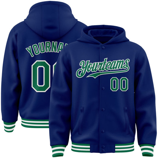 Custom Royal Kelly Green-White Bomber Full-Snap Varsity Letterman Hoodie Jacket - Main View