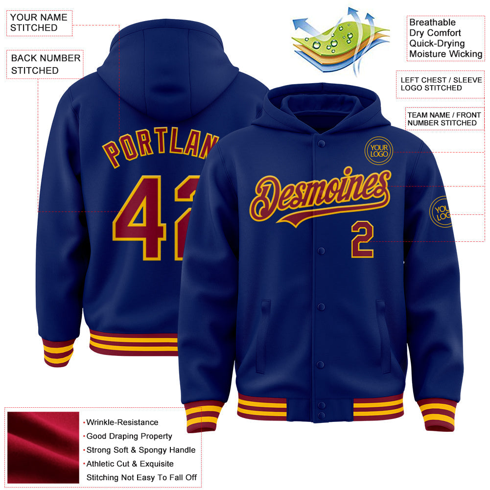 Custom Royal Crimson-Gold Bomber Full-Snap Varsity Letterman Hoodie Jacket view 3