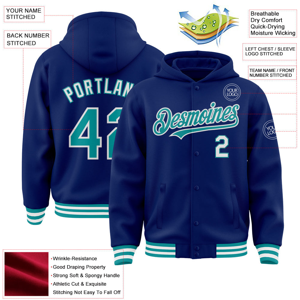 Custom Royal Teal-White Bomber Full-Snap Varsity Letterman Hoodie Jacket view 3